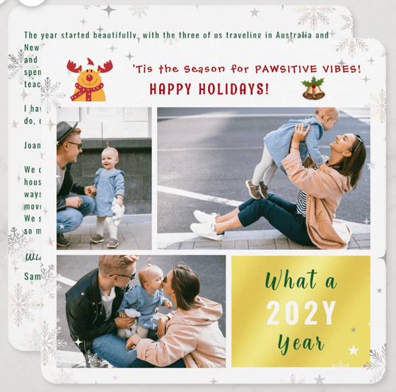Funny and elegant what a year holiday card with Rudolph the Reindeer and 3 family photos. Year-end letter on the back