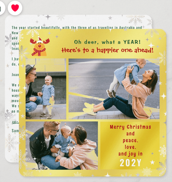 Funny cute, modern, and elegant personalized Christmas photo card with Rudolph the Reindeer saying "Oh deer, what a YEAR," 3 photos, and Merry Christmas and New Year wishes of peace, love, and joy