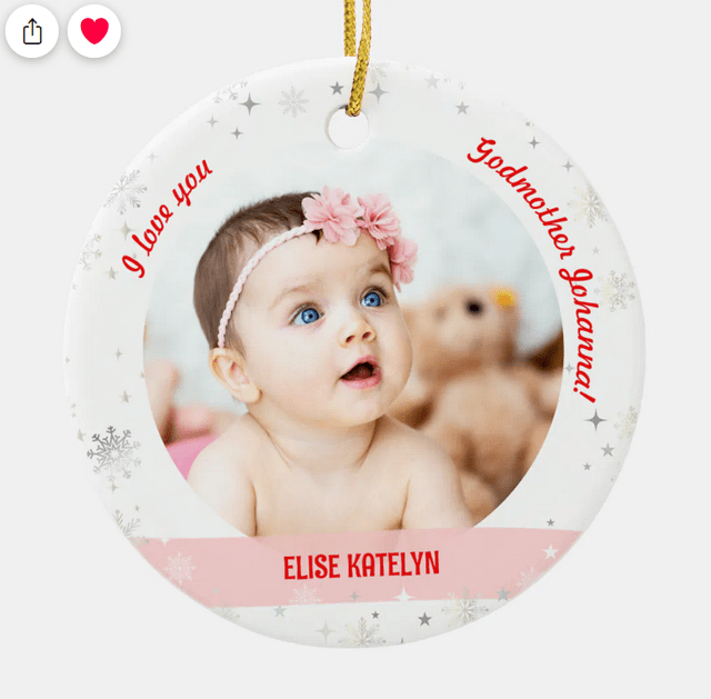 I love you, Godmother! Cute, modern, and elegantly minimalist my first Christmas ornament for a new baby girl, with two photos and snowflakes and stars