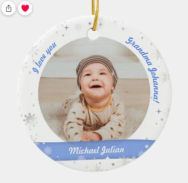 I love you, Grandma! Personalized my first Christmas new baby boy ornament with two photos. Cute, elegant, modern, and minimalist, with snowflakes and stars