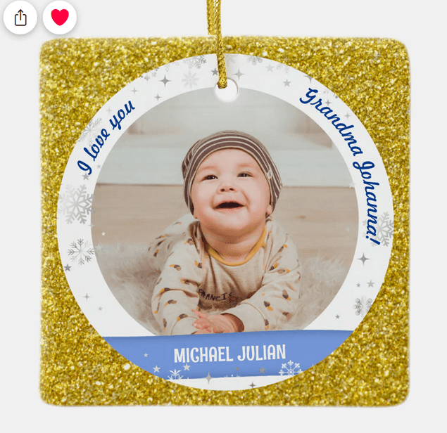 I love you, Grandma! Cute, modern, and elegantly glamorous my first Christmas photo ornament for a baby boy, with 2 photos, snowflakes and stars, and a glitzy (faux) gold glitter frame