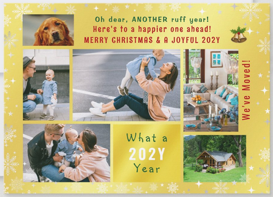 Funny golden photo Christmas card with a holiday moving announcement, a dog saying "ruff year," and 6 images total. Christmas letter with your new address on the back.