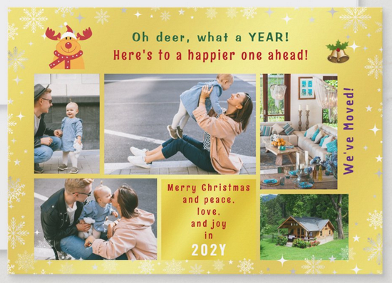 Funny and cute "oh deer, what a year" Rudolph holiday moving card with five custom photos and a year in review letter with your new address on the back. Personalized Christmas card with New Year wishes as well