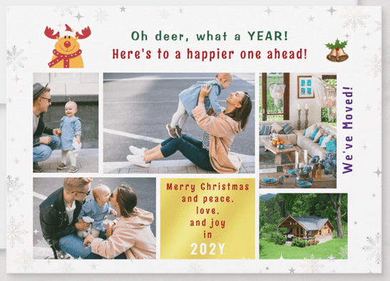 Oh deer, what a year! Funny, cute, and modern holiday moving announcement with Rudolph the Reindeer, 5 photos, and New Year wishes of peace, love, and joy. Letter with new home address on the back.
