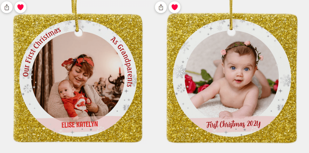 Our First Christmas as Grandparents. Cute, elegant, and modernly glam personalized 1st Christmas photo ornaments for a new baby girl. Two photos. With snowflakes and stars, and a glamorous (faux) gold glitter background.
