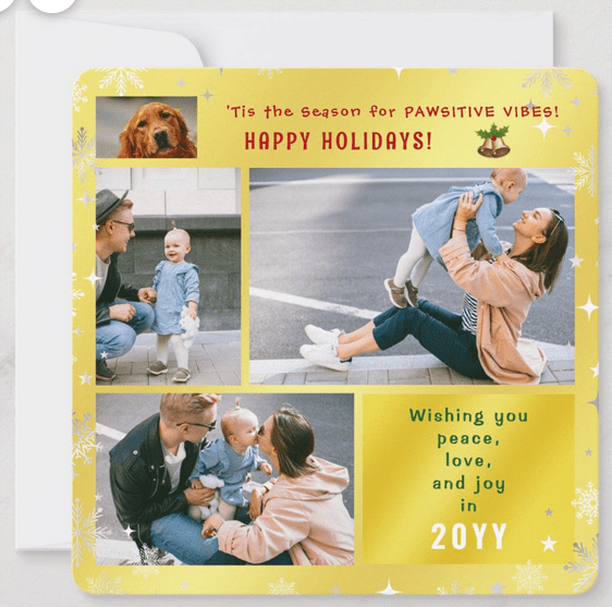 Funny, cute and elegant holiday card with a photo collage and a customizable image of your pet dog