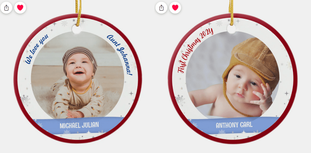 We love you, Aunt! Cute, modern, and elegant minimalist personalized our first Christmas photo ornament for twins (twin boys). With 2 photos. With snowflakes, stars, and a red frame