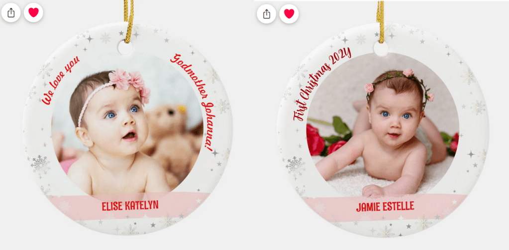 We love you, Godmother! Personalized first Christmas photo ornament for twins (twin girls) -- cute, modern, and elegant minimalist design. With snowflakes and stars
