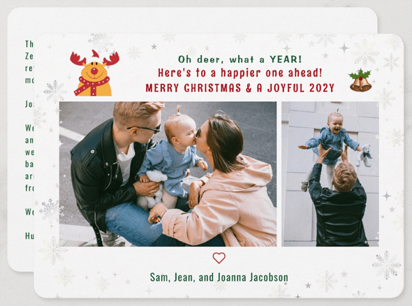 Cute, funny, modern, and elegant oh deer Christmas photo card with 2 photos, Rudolph the Reindeer, bells and holly, snowflakes and stars, and a year-in-review letter