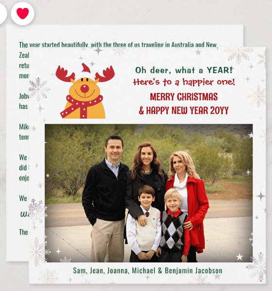 Funny and elegant Christmas photo card with Rudolph the Reindeer saying "Oh deer, what a YEAR!" With one photo, snowflakes and stars, and a long Xmas letter on the back