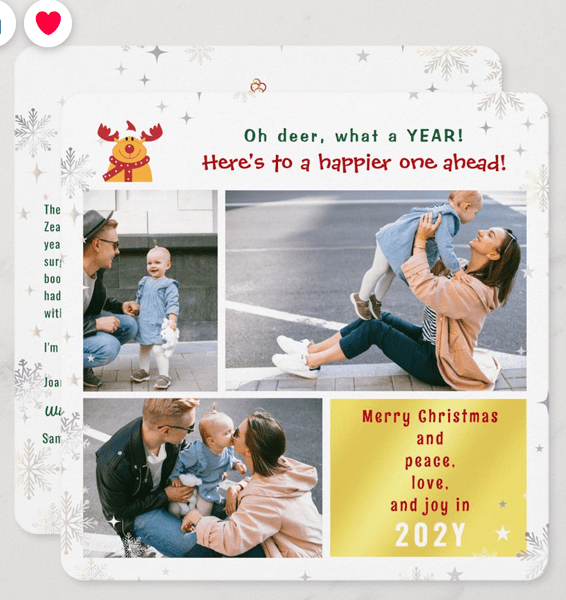 Funny and cute, modern and elegant personalized oh deer Christmas photo card with Rudolph the Reindeer, 4 photos, snowflakes and stars, and a long Xmas letter on the back