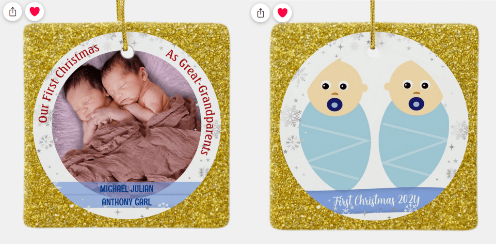Cute, modern, elegant, and glitzy square ceramic ornament with Our First Christmas as Great-Grandparents, for newborn twin boys. With one photo and one cute illustration of twin baby boys and (faux) golden glitter