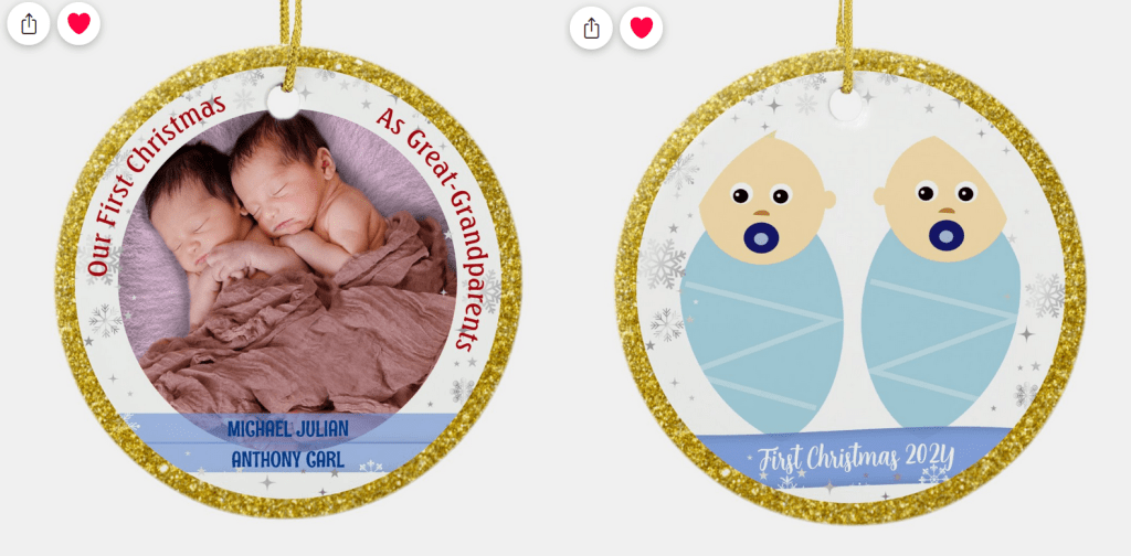 Modern, elegant, glitzy, and cute First Christmas photo keepsake ornament for great-grandparents of newborn twin boys. With 1 photo and 1 cute illustration of swaddled twin boys, and a (faux) golden glitter frame