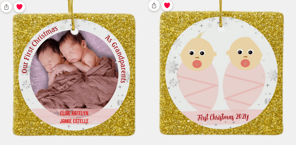 Modern, elegant, and cute personalized photo keepsake for grandparents of newborn twin girls, with Our First Christmas as Grandparents and a photo and image of twin babies. With (faux) golden glitter.