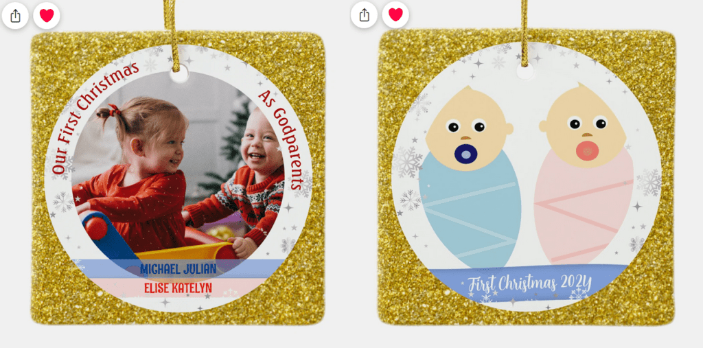 Modern, elegant, cute, and glitzy personalized Our First Christmas as Godparents photo ornaments for twin babies, boy and girl. With a (faux) golden glitter frame.