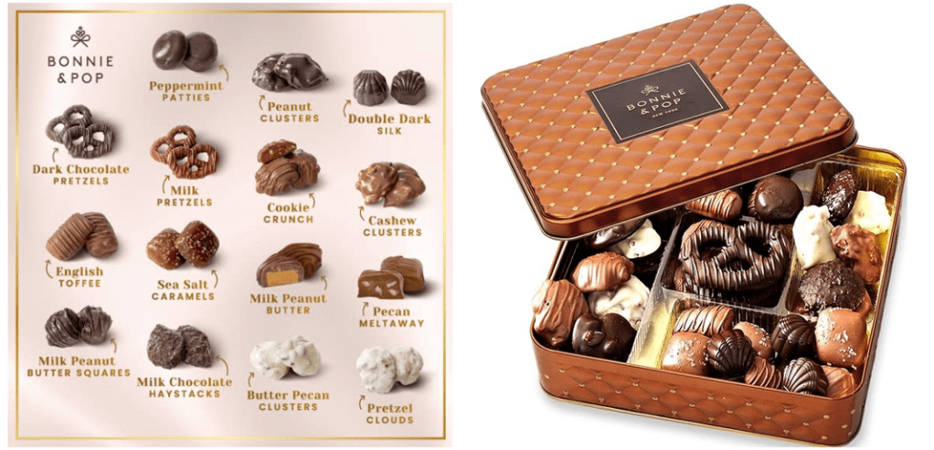Chocolate gift box with gourmet delicacies, including English toffee, sea salt caramels, milk peanut butter, and peppermint patties
