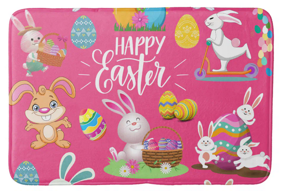 Happy Easter bathmat with cute bunnies on a pink background.