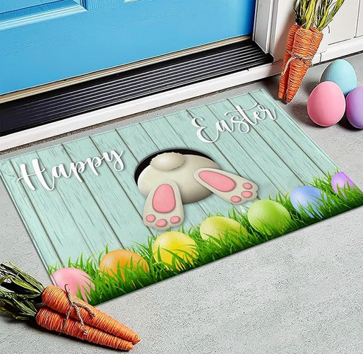 Funny bunny Happy Easter doormat with colorful Easter eggs in the grass
