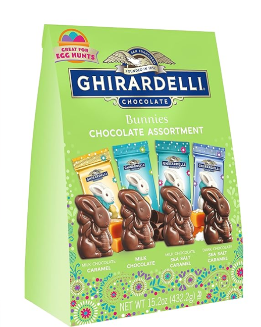 Ghirardelli chocolate bunnies in four flavors: milk chocolate caramel, milk chocolate, milk chocolate sea salt caramel, and dark chocolate sea salt caramel