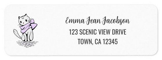 Cute and elegant address label for cat lovers. With a chic, artsy cat wearing a scarf, a clean handwriting script for the name and a modern all caps sans serif font for the address