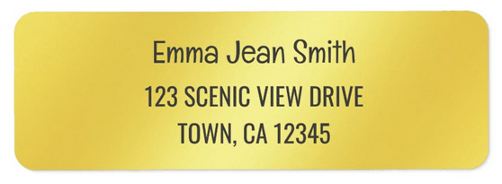 Return address sticker label, easily customizable online. Clean print handwriting for the name and an elegant all caps font for the address. With a modern, classy golden background