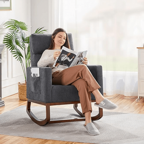 Upholstered rocking armchair (rocker glider), great for reading indoors or for use in the nursery room 