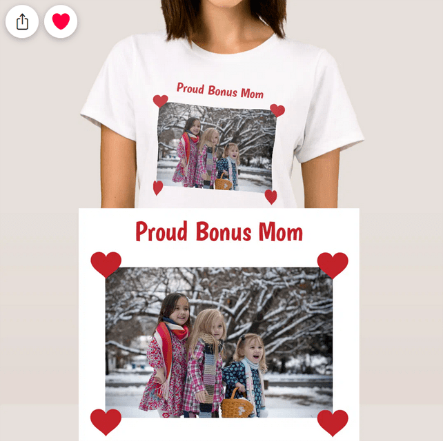 Proud Bonus Mom Personalized Photo T-shirt for Mother's Day or for your mother's birthday. Modern and cute design with a photo held up by four hearts