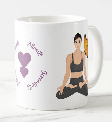Coffee mug with a serenity leading to serendipity and vice versa quote with two hearts growing one from the other and a girl in lotus pose with a butterfly on her shoulder (© Mira)