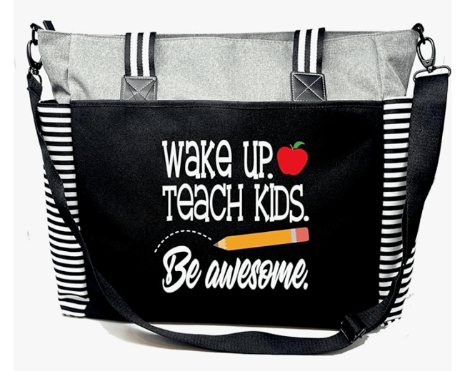 Sturdy, well-made laptop travel handbag / large tote bag with the words "Wake up. Teach kids. Be awesome. Great gift for a teacher on Teacher Appreciation Day / Week or on the students' graduation, at Christmas, the instructor's birthday. etc.