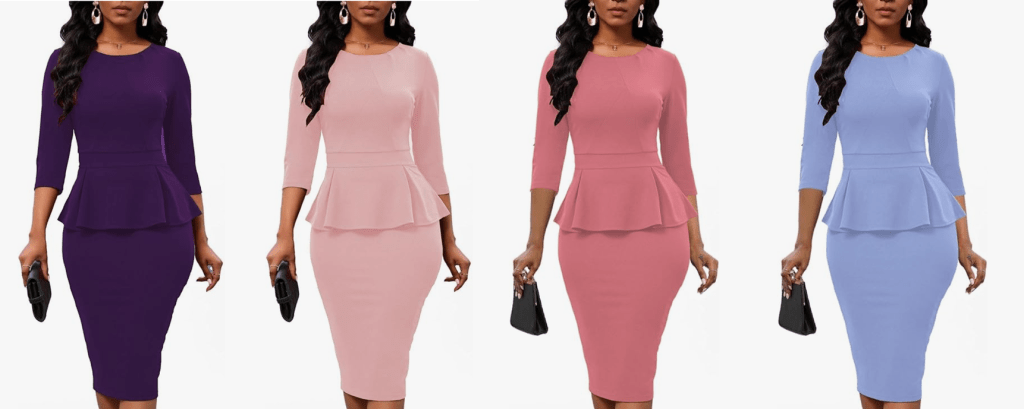 Elegant bodycon peplum dress with 3/4 length sleeves. Comes in many colors as well as black and white. Perfect for a special day at the office as well as for an arts event in the city.