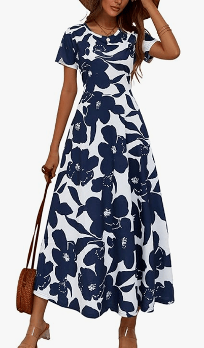 Elegant flowy maxy summer dress, white with a dark blue floral pattern