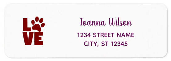 Modern return address labels for a cat and/or dog mama or daddy with a paw print and the word LOVE, with a cursive but very legible handwriting script for the name (purple-color text)