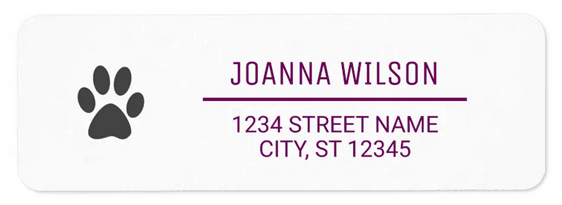 Modern, minimalist online DIY return address labels for a cat or dog mama or daddy with clean sans-serif fonts and a paw print (purple-color text)
