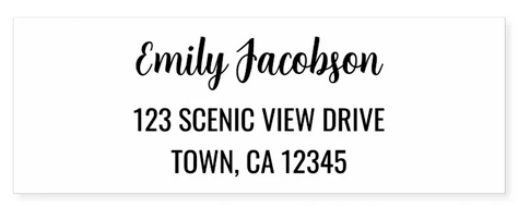 Easily customizable online self-inking stamp with name and address. With an elegant, modern cursive handwriting script (black ink)