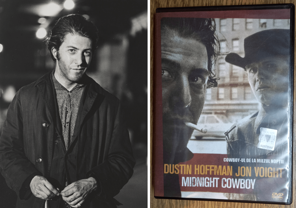 Photo of Dustin Hoffman on the set of Midnight Cowboy in 1968 and a photo of my DVD with the film and producer Jerome Hellman's 2004 commentary
