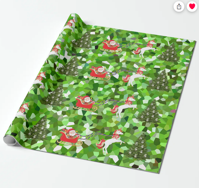 Modern Christmas wrapping paper for kids with a unicorn pulling Santa in a sleigh full of gifts and a background with a mosaic pattern, confetti style.