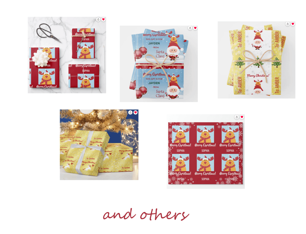 Modern, elegant, cute, and funny Christmas gift wrap for kids, with Santa Claus, Rudolph the Reindeer, and a magical unicorn
