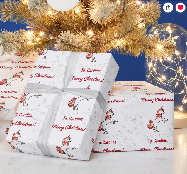 Personalized wrapping paper sheets with a magical unicorn for kids, with a personalized name. With snowflakes on a white background