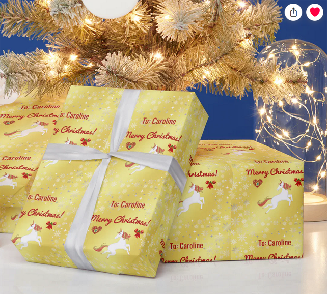 Elegant and cute roll of Christmas wrapping paper with a magical unicorn and a personalized name. With a heart and a Xmas gift bow. With snowflakes on a golden background