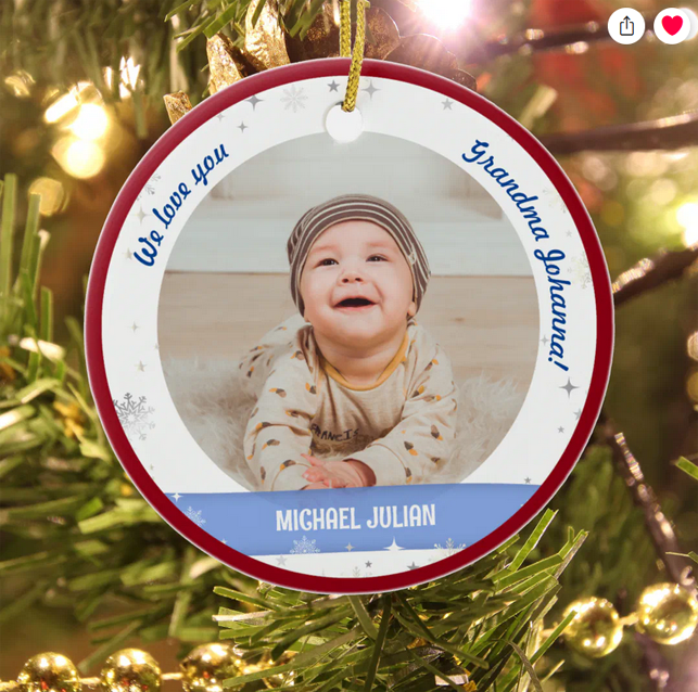 Modern First Christmas baby ornament for twin baby boys, with the text "We love you, Grandma!" With 2 photos and snowflakes and stars. Red frame