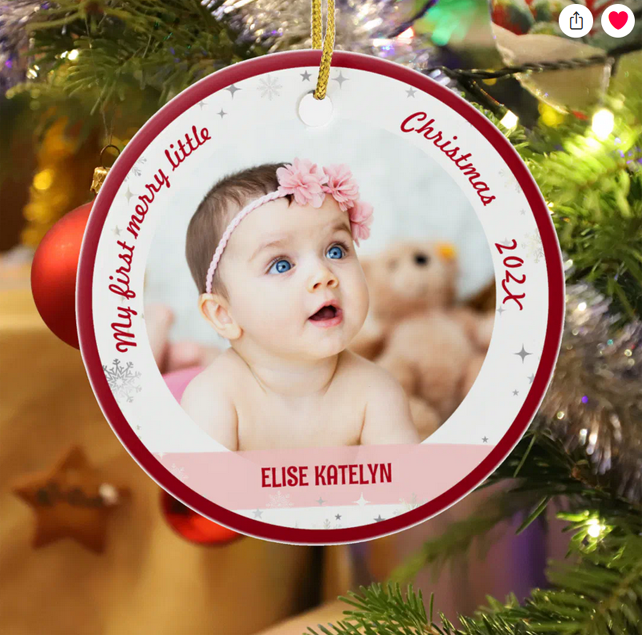 First Christmas Baby personalized ceramic photo ornament for a newborn baby girl. Elegant, modern, cute design with 2 photos, the girl's name and DOB, and snowflakes and stars, and a Xmas red rim