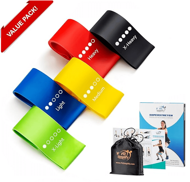 Exercise bands from Fit Simplify, value pack with bands of 5 resistance levels. Durable, easy on the skin, no pungent smell, 100% natural latex