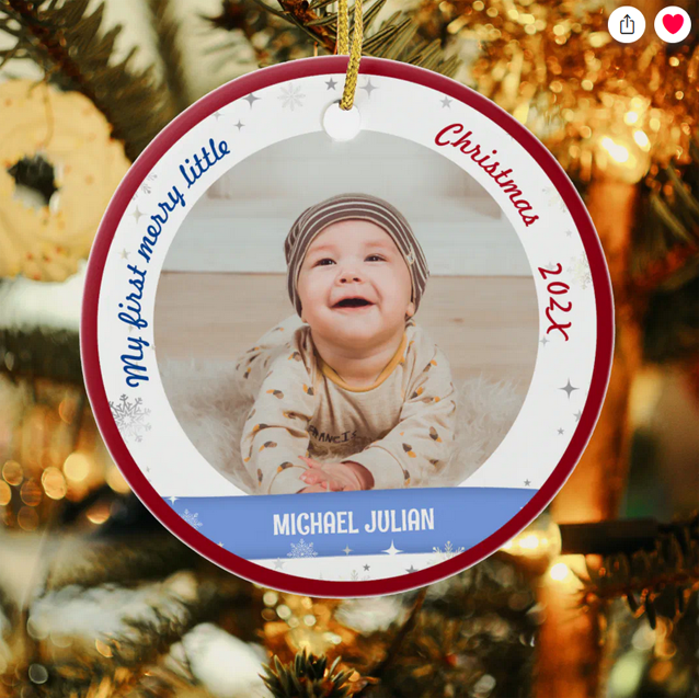 Personalized My first merry little Christmas photo ornament with 2 photos, the name, and DOB of a newborn baby boy. Elegant, modern, cute design with 2 photos, snowflakes and stars, and a stylish handwriting / calligraphy script / typography. With a Xmas red frame