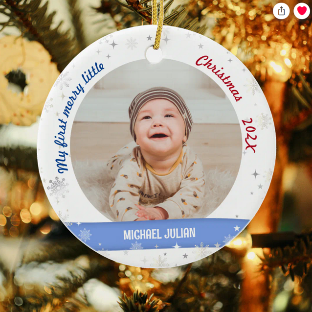 Personalized My first merry little Christmas ceramic photo ornament for a newborn baby boy. Elegant, modern, cute design with 2 photos, the newborn's name and DOB, snowflakes and stars, and a stylish handlettering / handwriting / calligraphy script