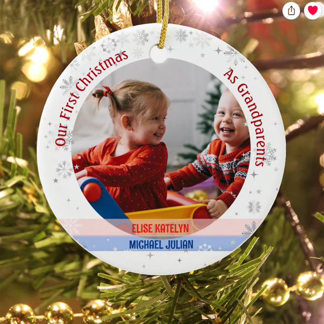 Our First Christmas as Grandparents of Twin Babies, Girl and Boy. Modern, cute, elegant Xmas ceramic ornament with 2 photos and with snowflakes and stars