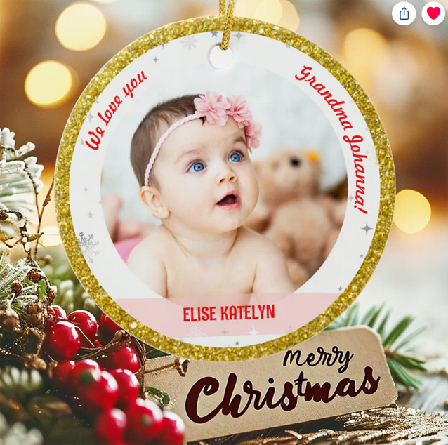 Modern, elegant, and cute First Christmas baby ornament for twin babies, girl and boy, with the text "We love you, Grandma!" With 2 photos and snowflakes and stars. Faux glitter golden frame