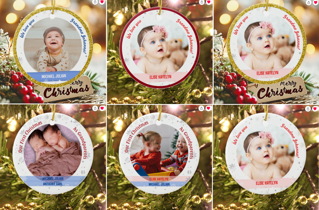 Elegant, modern, cute personalized First Christmas ornaments for twins, with the text "Our First Christmas as Grandparents" or "We love you, Grandma!" on the front. Can be personalized for other friends and relatives