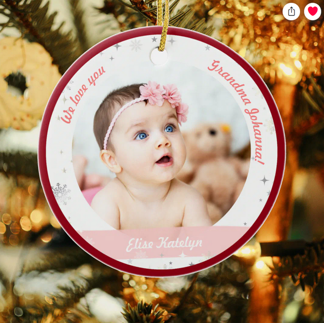 Modern, elegant, and cute First Christmas baby ornament for twin baby girls, with the text "We love you, Grandma!" With 2 photos, snowflakes and stars, red frame