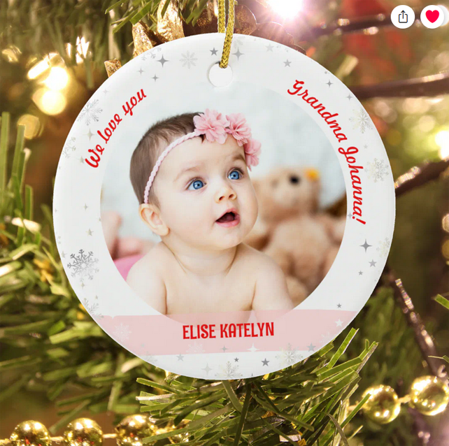 Modern, elegant, and cute First Christmas baby ornament for twin babies, girl and boy, with the text "We love you, Grandma!" With 2 photos and snowflakes and stars