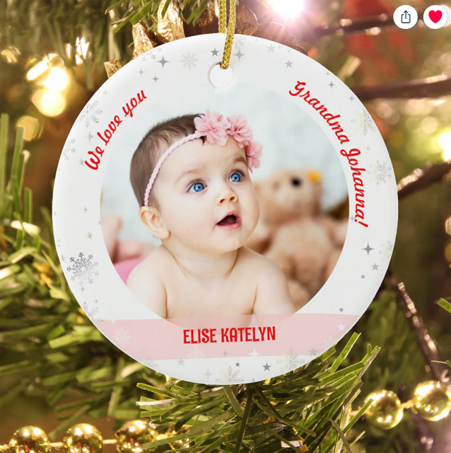 Modern, elegant, and cute First Christmas baby ornament for twin baby girls, with the text "We love you, Grandma!" With 2 photos and snowflakes and stars